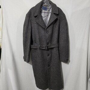Vtg Pendleton Gray Tweed 100% Pure Virgin Wool Long Trench Belt Made in USA 44